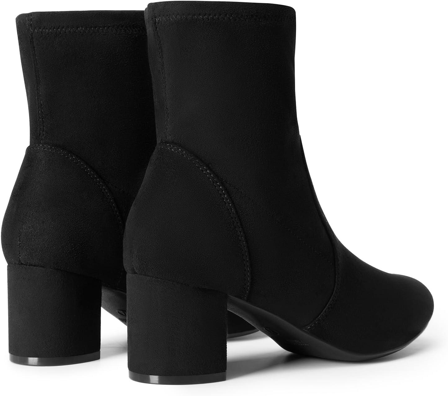 imageDREAM PAIRS Womens Fitted Stretch Ankle Boots Fashion Low Chunky Heel Almond Toe Fall Heeled Booties ShoesBlacksuede