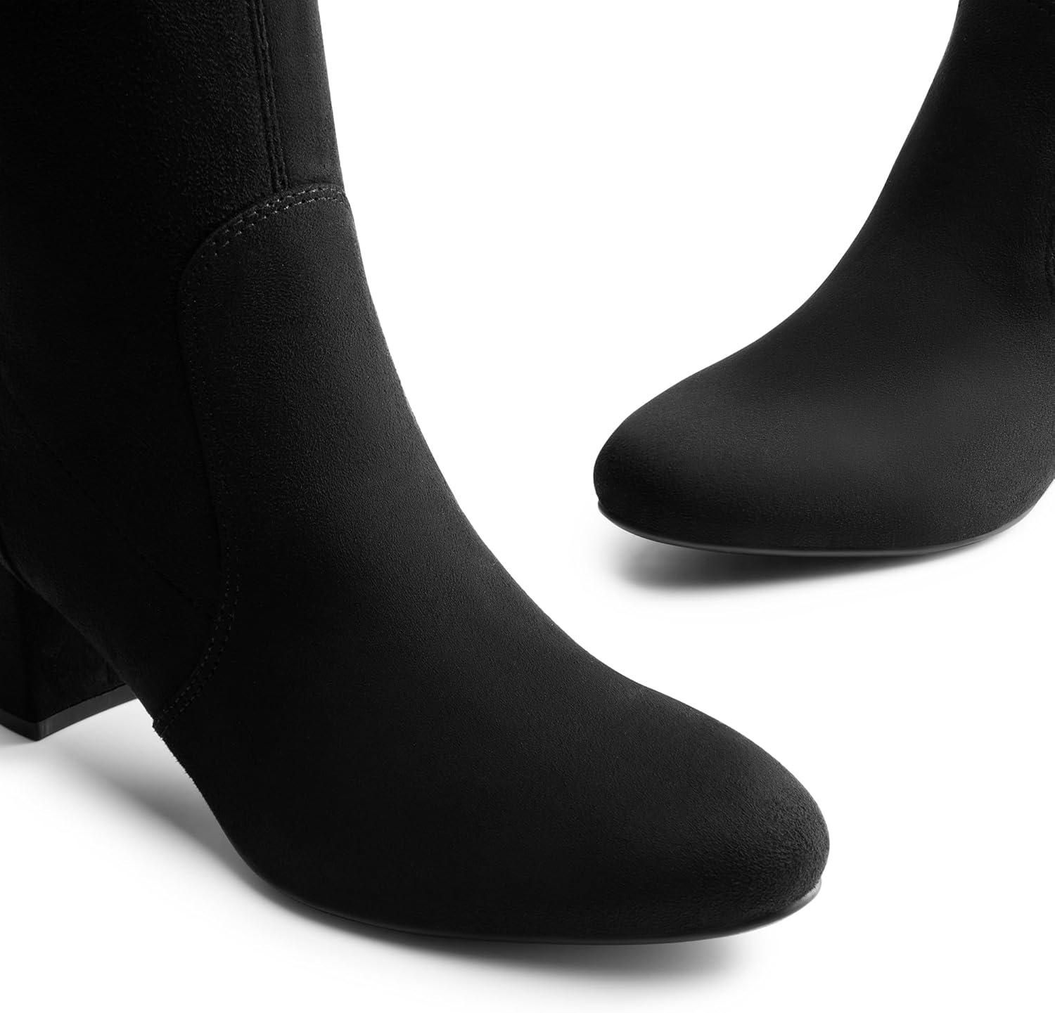 imageDREAM PAIRS Womens Fitted Stretch Ankle Boots Fashion Low Chunky Heel Almond Toe Fall Heeled Booties ShoesBlacksuede