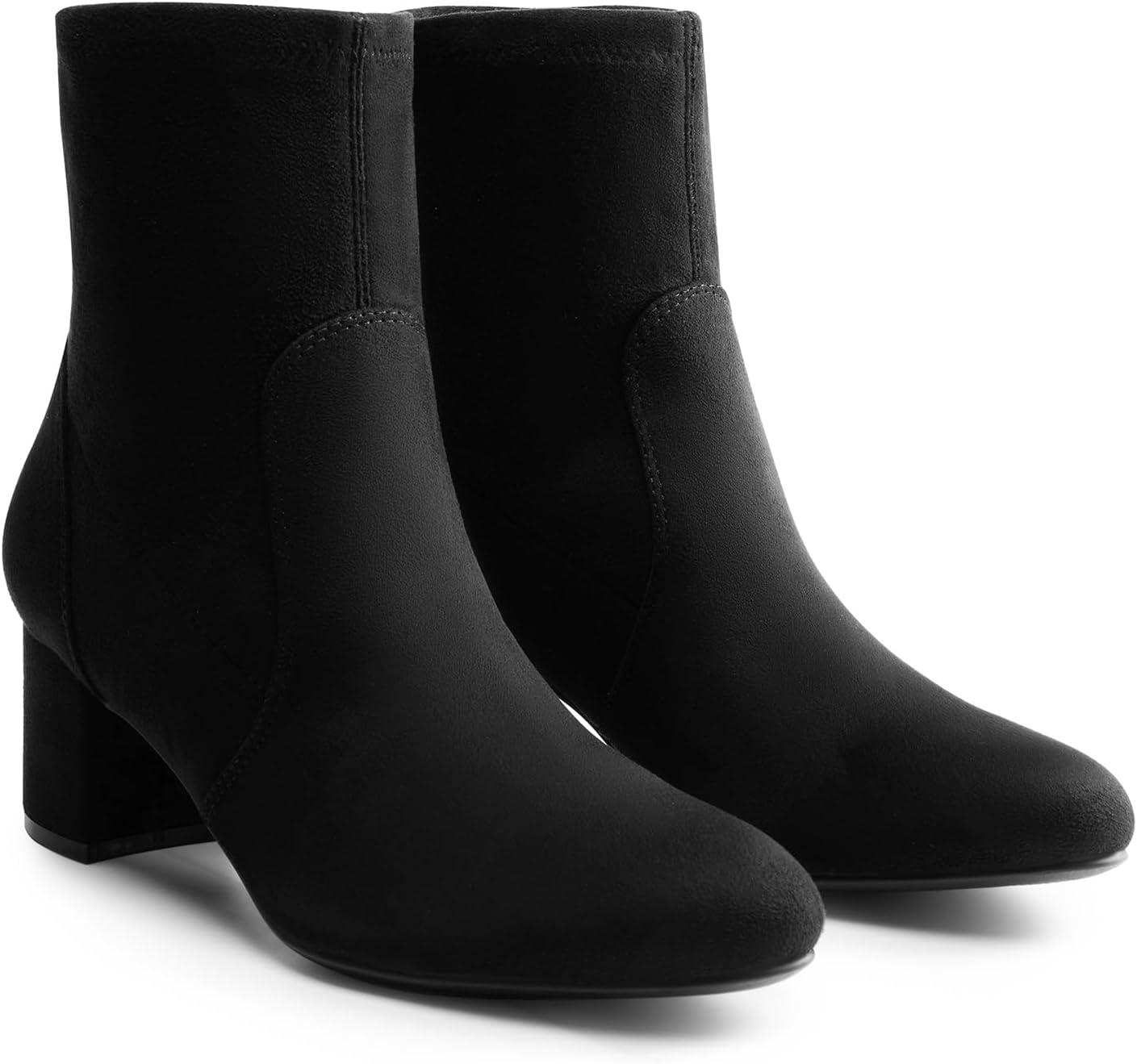 imageDREAM PAIRS Womens Fitted Stretch Ankle Boots Fashion Low Chunky Heel Almond Toe Fall Heeled Booties ShoesBlacksuede