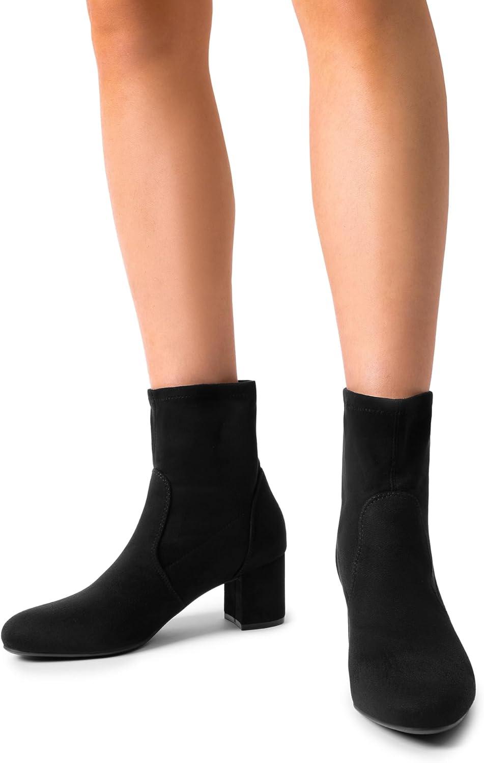 imageDREAM PAIRS Womens Fitted Stretch Ankle Boots Fashion Low Chunky Heel Almond Toe Fall Heeled Booties ShoesBlacksuede