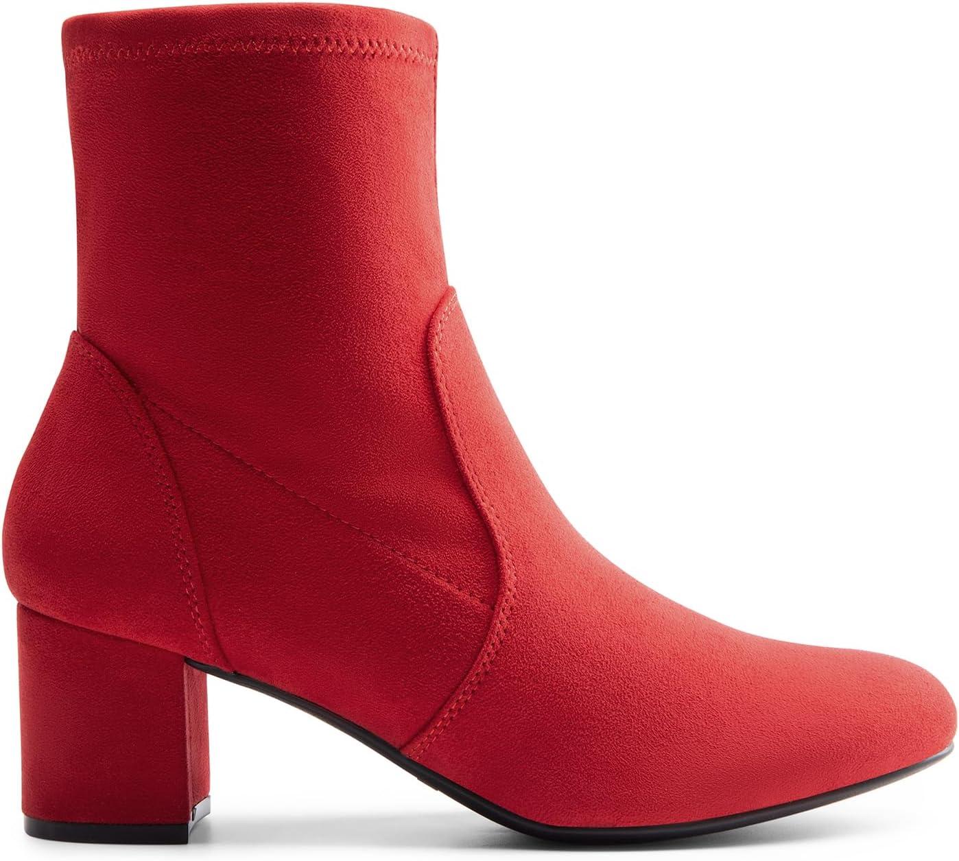 imageDREAM PAIRS Womens Fitted Stretch Ankle Boots Fashion Low Chunky Heel Almond Toe Fall Heeled Booties ShoesRedsuede