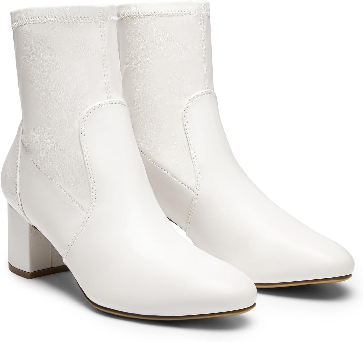 imageDREAM PAIRS Womens Fitted Stretch Ankle Boots Fashion Low Chunky Heel Almond Toe Fall Heeled Booties ShoesWhitepu