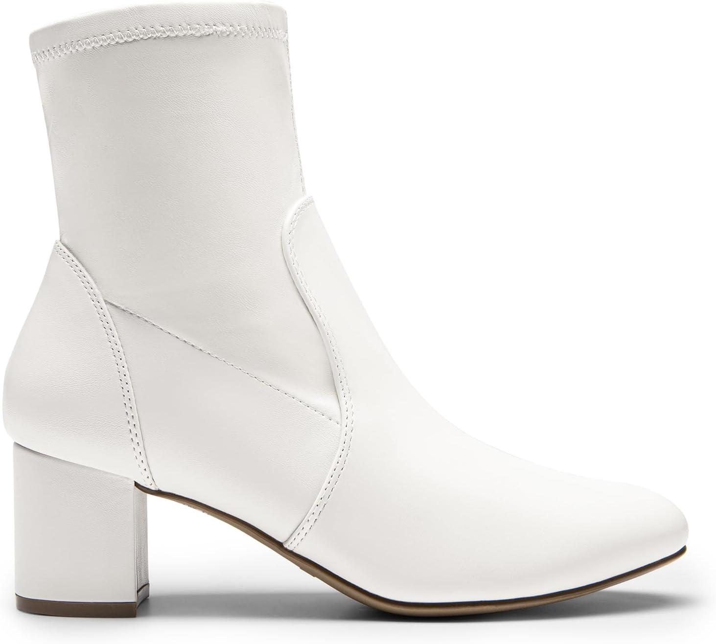 imageDREAM PAIRS Womens Fitted Stretch Ankle Boots Fashion Low Chunky Heel Almond Toe Fall Heeled Booties ShoesWhitepu