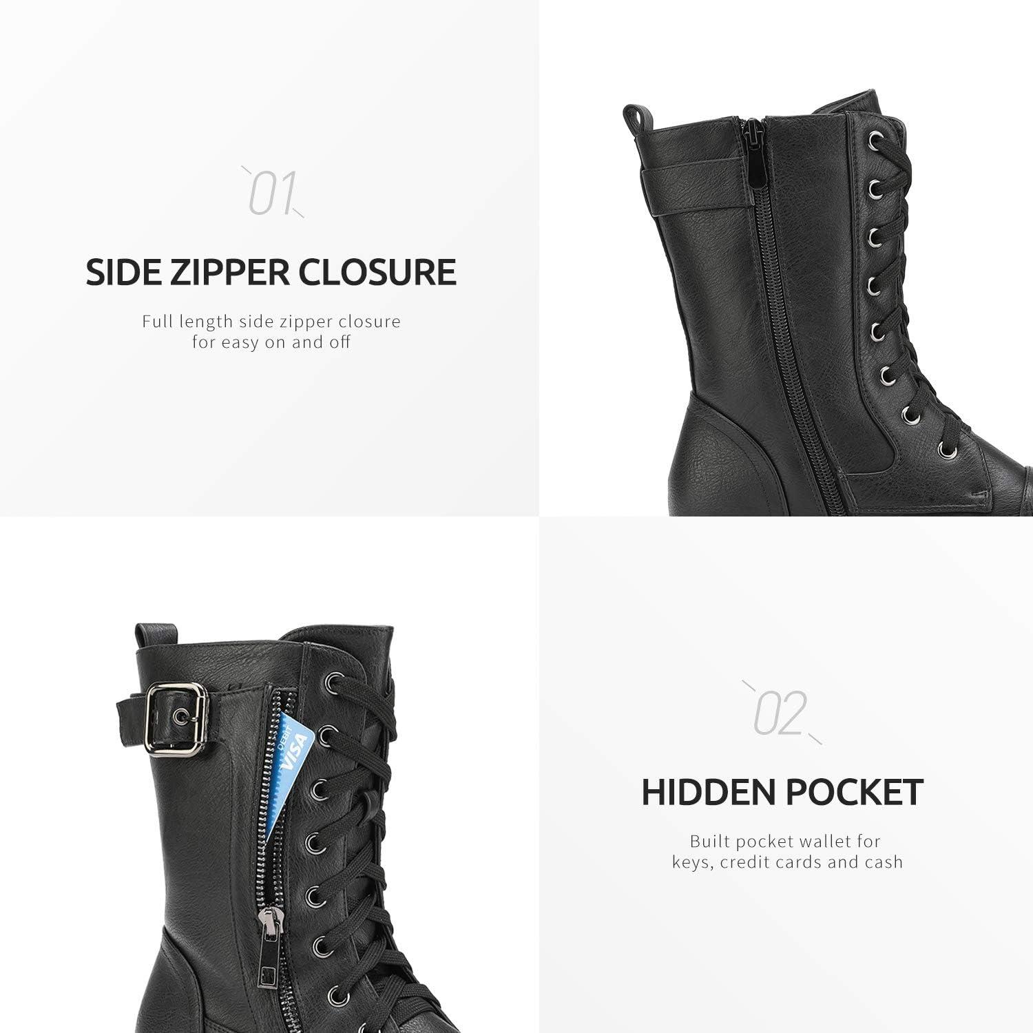imageDREAM PAIRS Womens Mid Calf Builtin Wallet Pocket Lace up Military Combat BootsAll Black