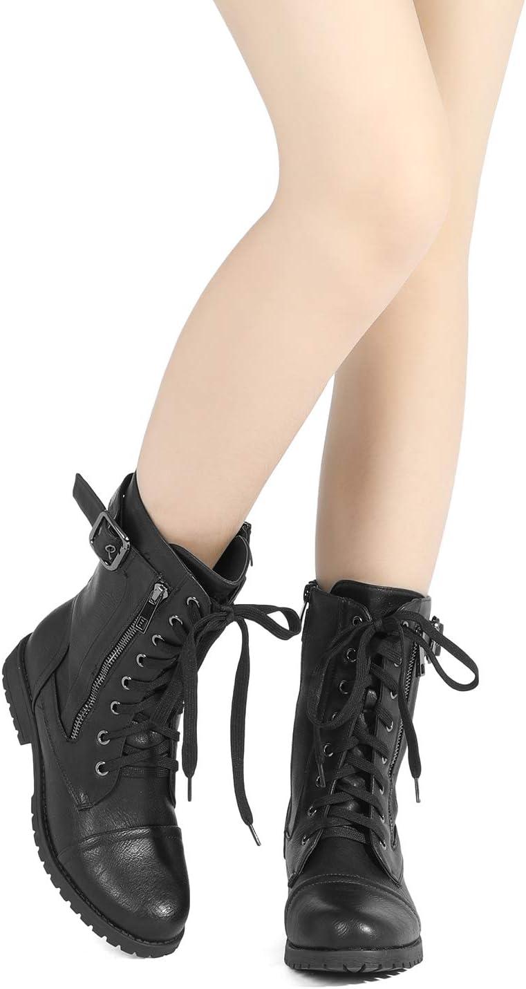 imageDREAM PAIRS Womens Mid Calf Builtin Wallet Pocket Lace up Military Combat BootsAll Black