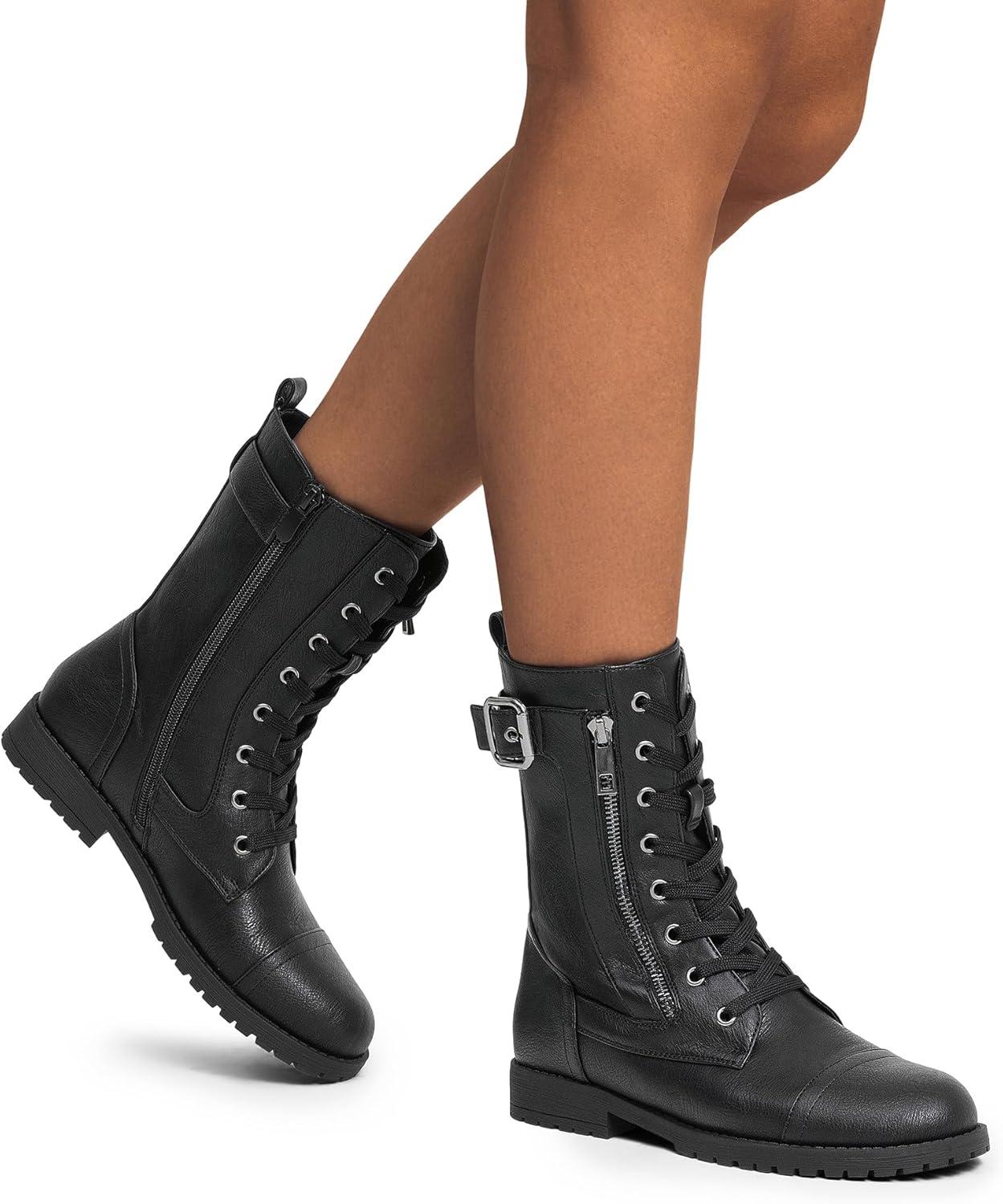 imageDREAM PAIRS Womens Mid Calf Builtin Wallet Pocket Lace up Military Combat BootsAll Black