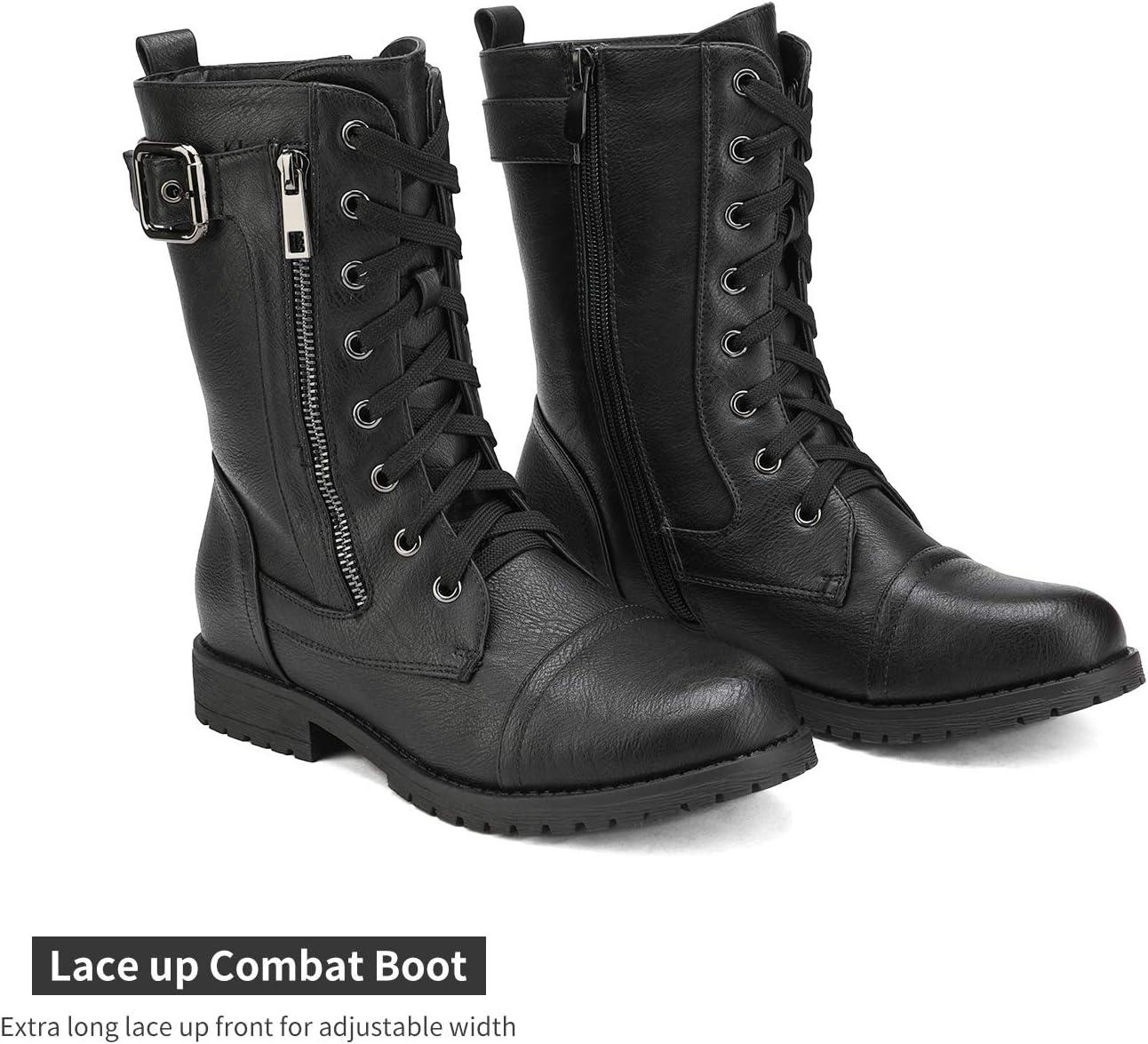 imageDREAM PAIRS Womens Mid Calf Builtin Wallet Pocket Lace up Military Combat BootsAll Black