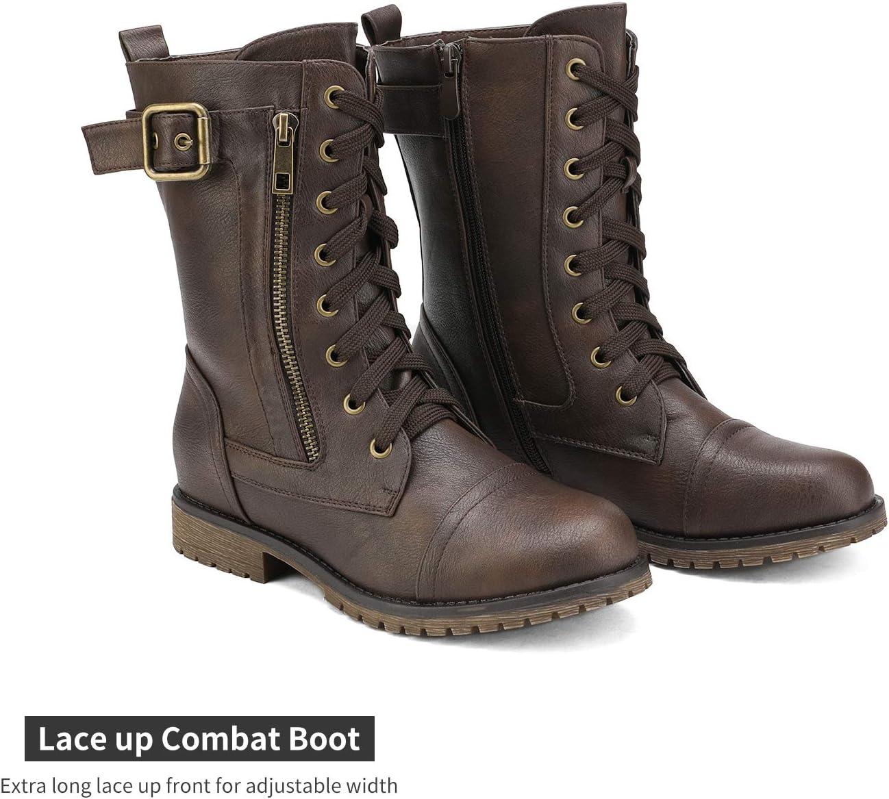 imageDREAM PAIRS Womens Mid Calf Builtin Wallet Pocket Lace up Military Combat BootsAll Brown