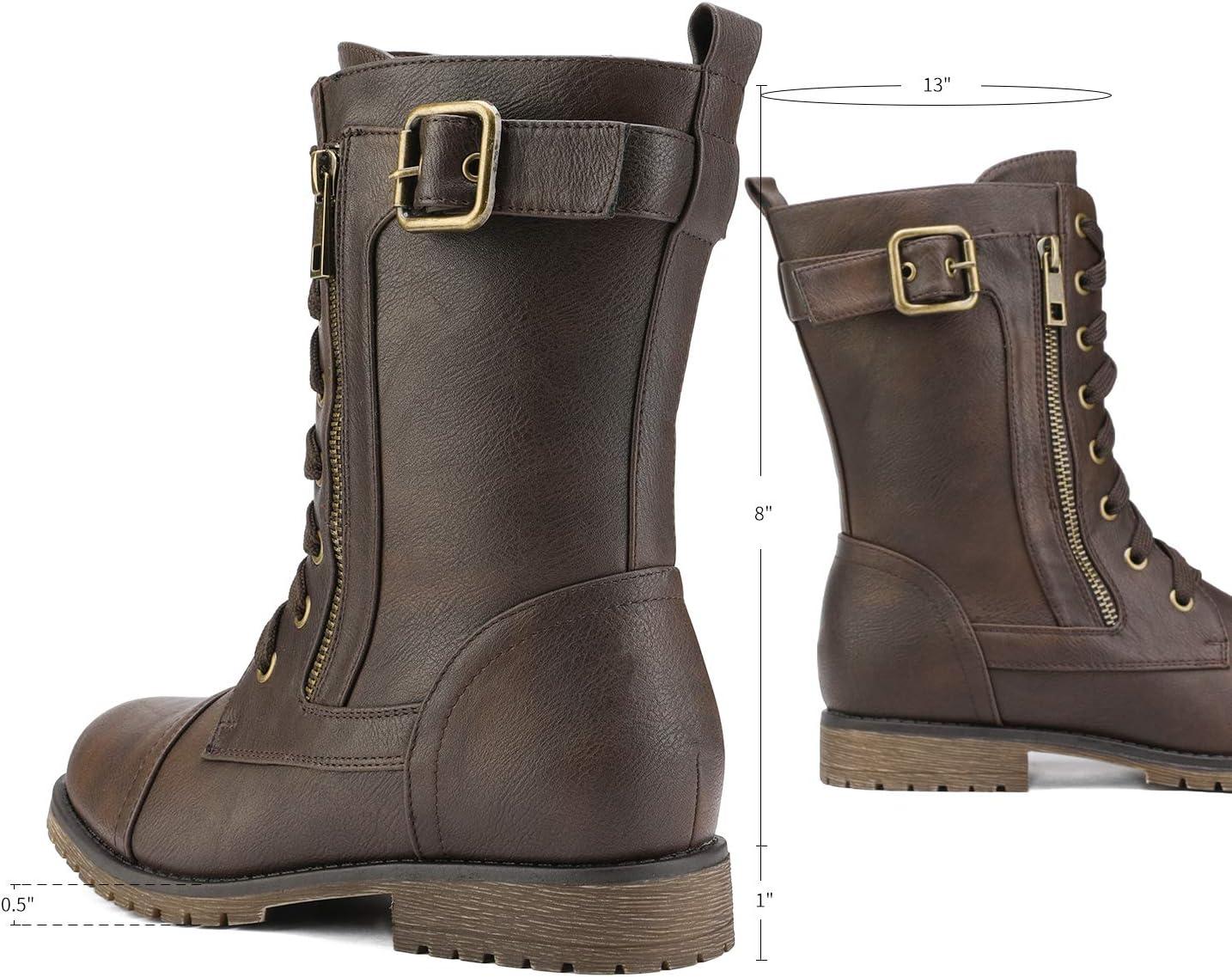 imageDREAM PAIRS Womens Mid Calf Builtin Wallet Pocket Lace up Military Combat BootsAll Brown
