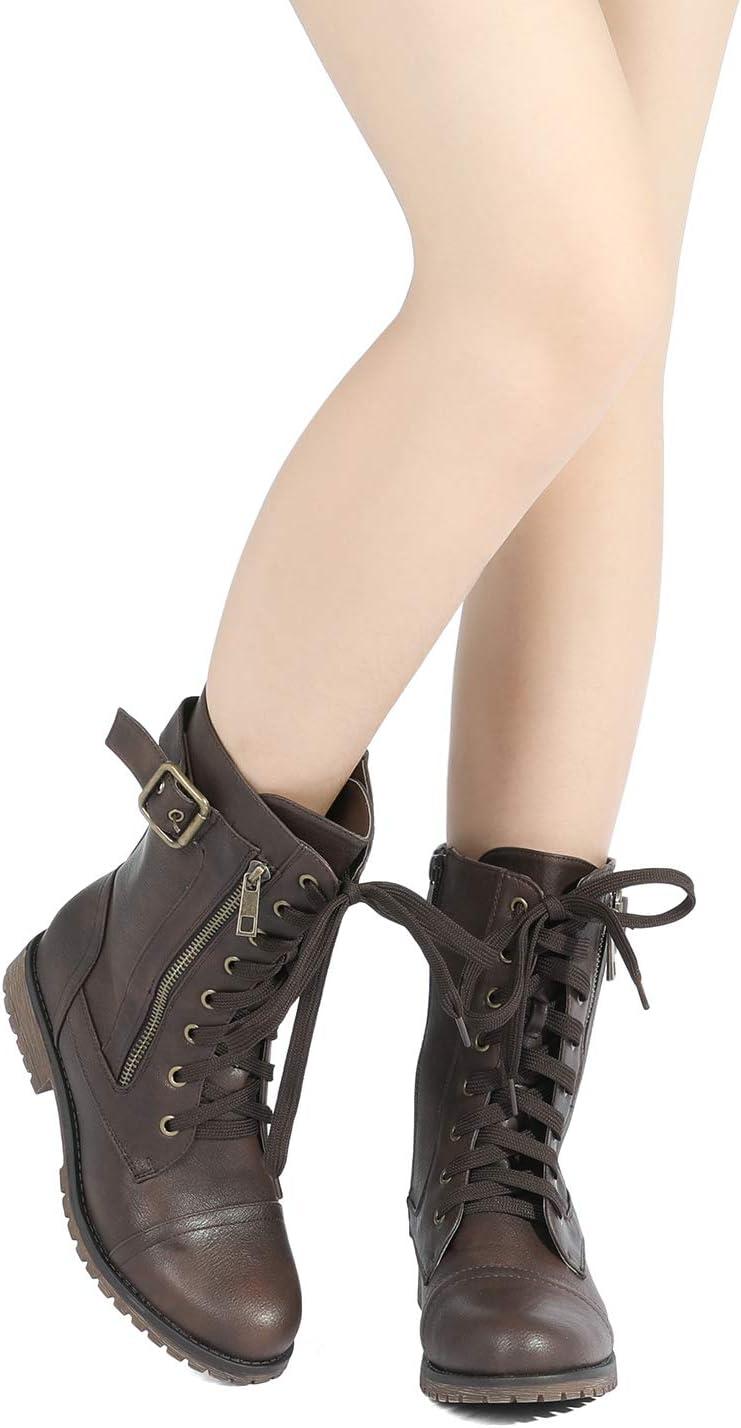imageDREAM PAIRS Womens Mid Calf Builtin Wallet Pocket Lace up Military Combat BootsAll Brown