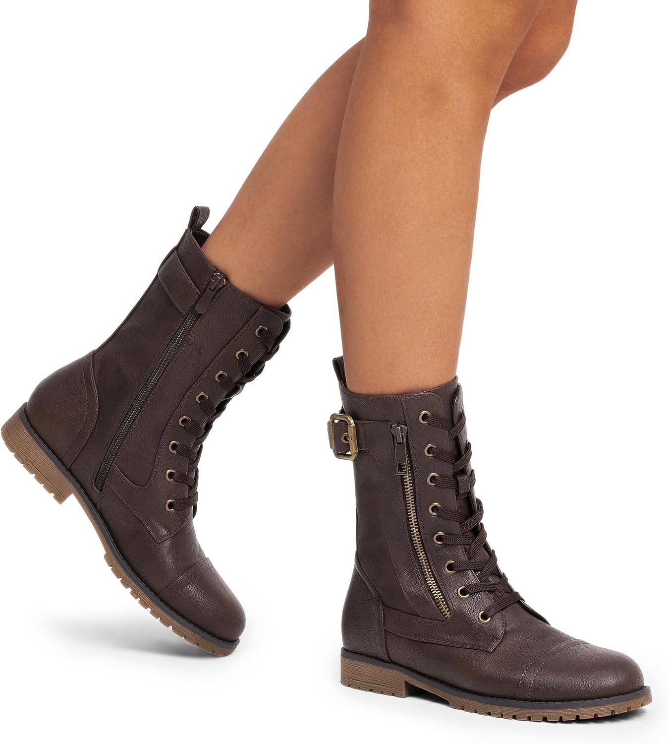 imageDREAM PAIRS Womens Mid Calf Builtin Wallet Pocket Lace up Military Combat BootsAll Brown