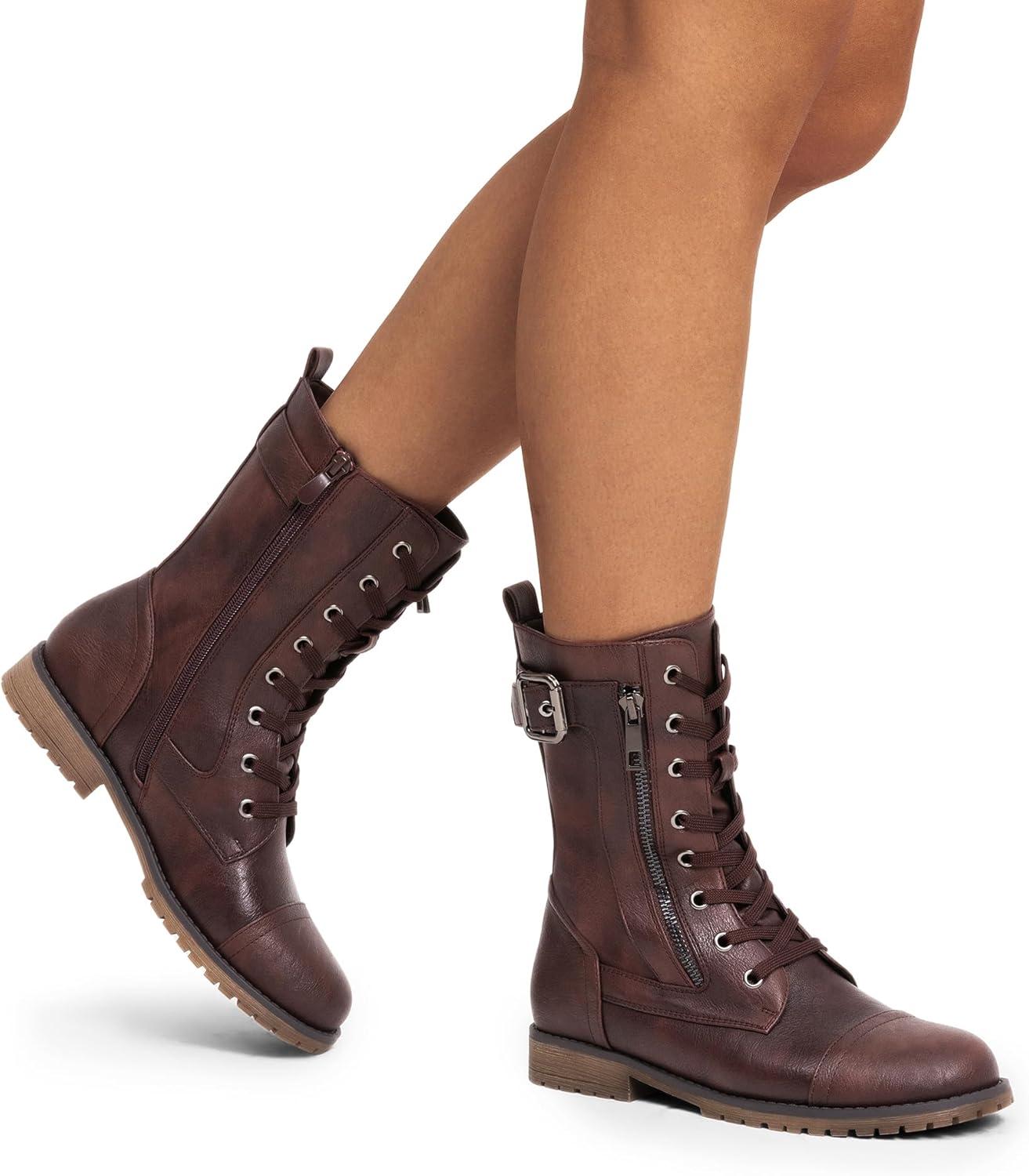 imageDREAM PAIRS Womens Mid Calf Builtin Wallet Pocket Lace up Military Combat BootsAll Burgundy