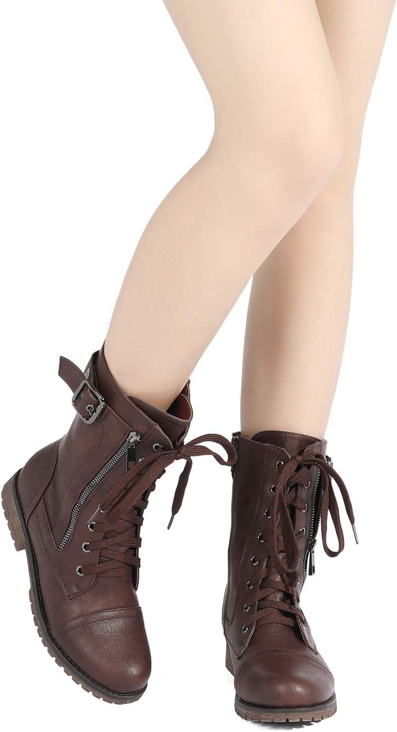 imageDREAM PAIRS Womens Mid Calf Builtin Wallet Pocket Lace up Military Combat BootsAll Burgundy
