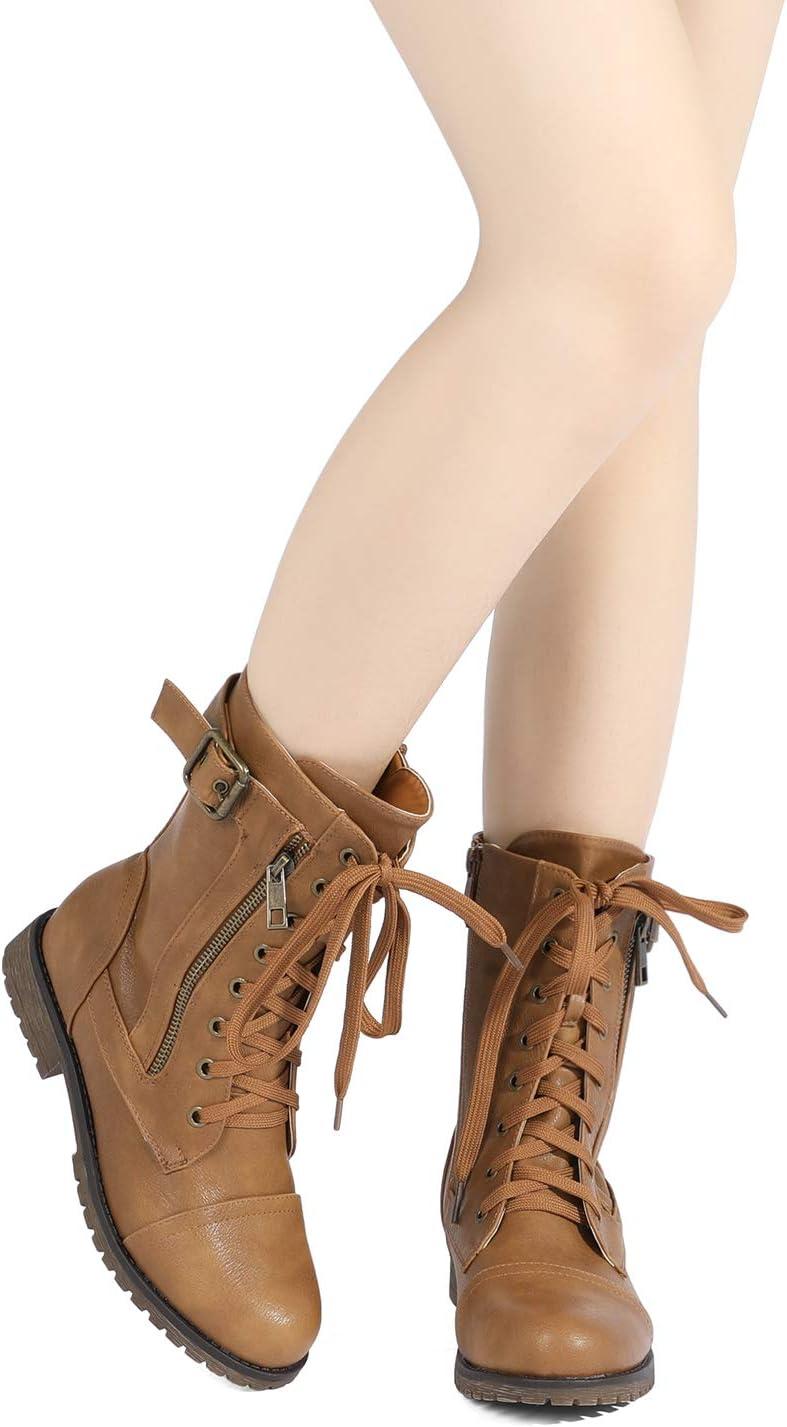 imageDREAM PAIRS Womens Mid Calf Builtin Wallet Pocket Lace up Military Combat BootsAll Camel