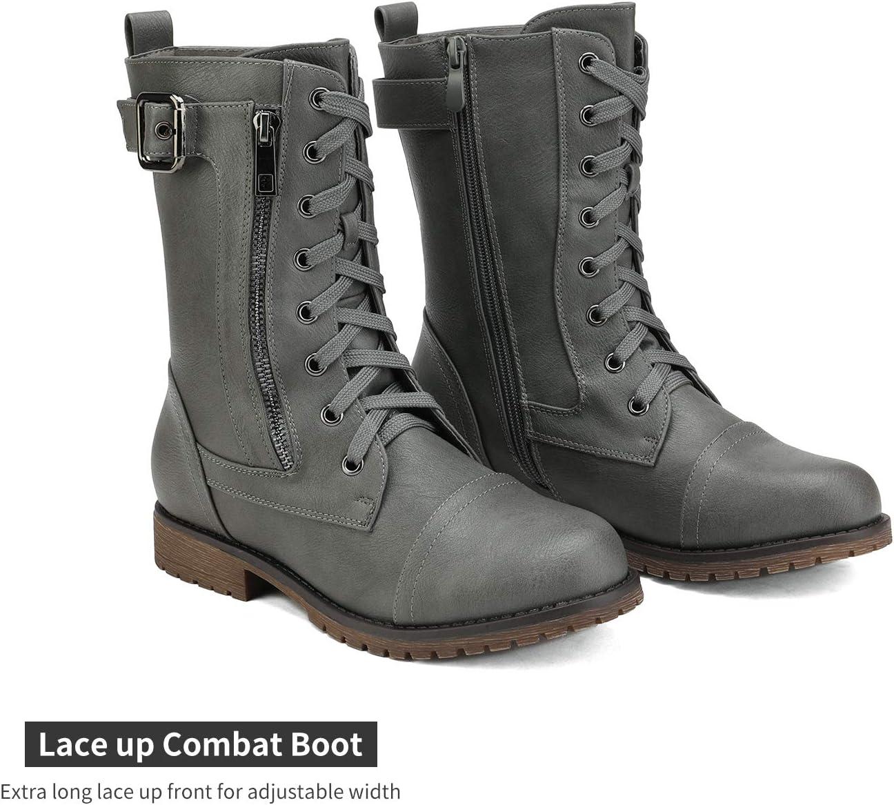 imageDREAM PAIRS Womens Mid Calf Builtin Wallet Pocket Lace up Military Combat BootsAll Grey