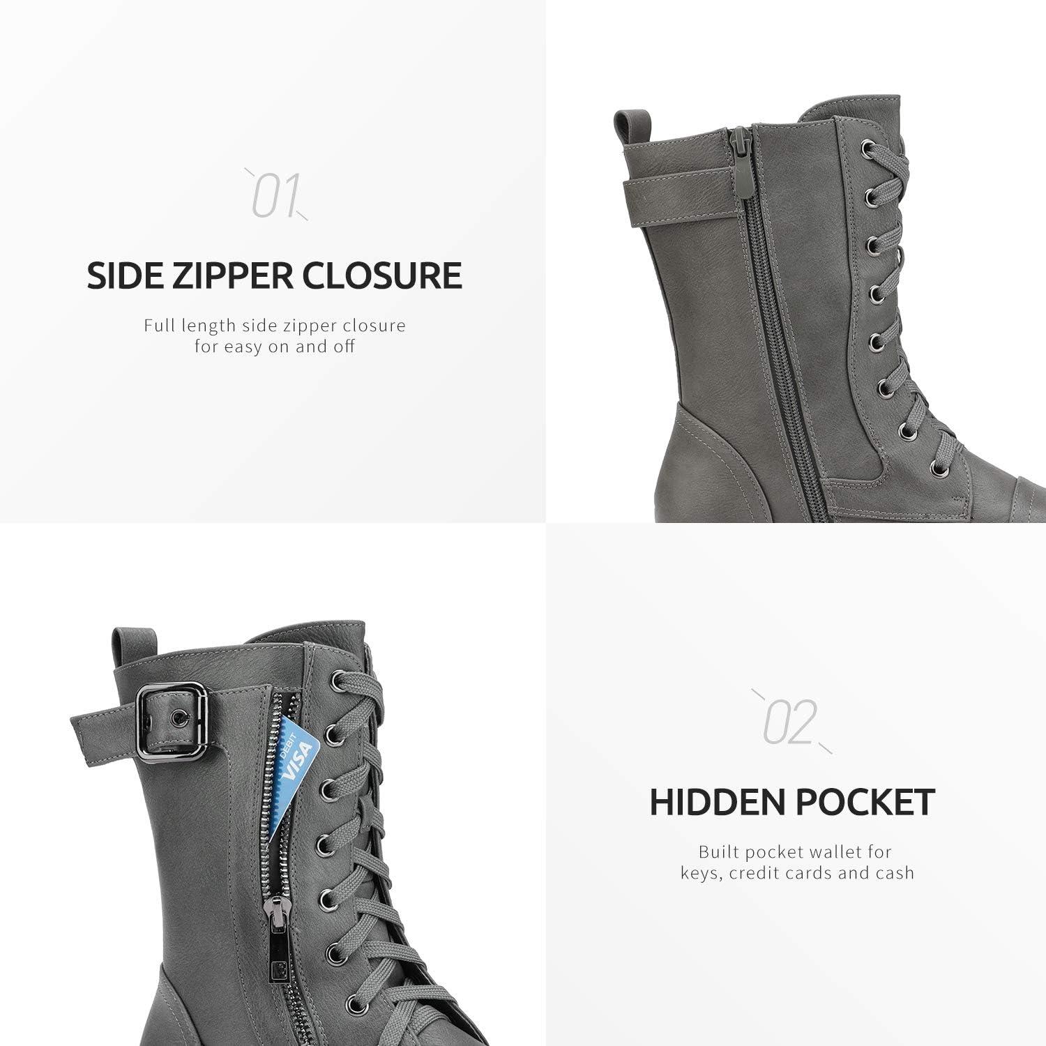 imageDREAM PAIRS Womens Mid Calf Builtin Wallet Pocket Lace up Military Combat BootsAll Grey