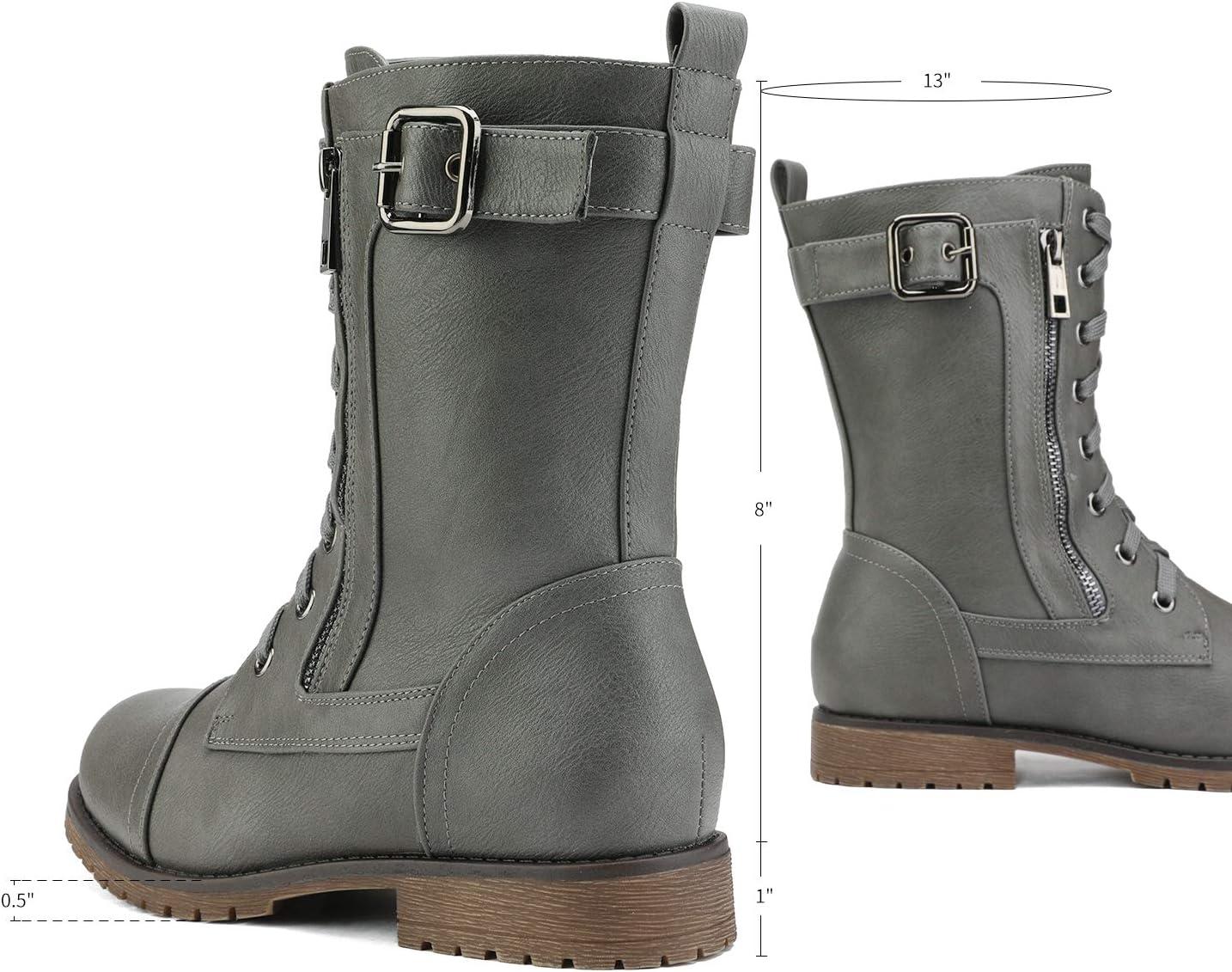 imageDREAM PAIRS Womens Mid Calf Builtin Wallet Pocket Lace up Military Combat BootsAll Grey