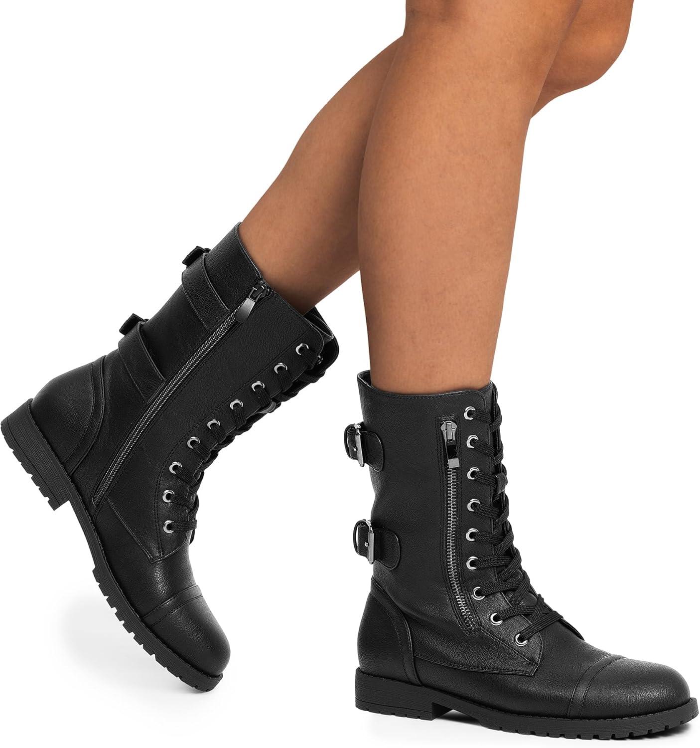 imageDREAM PAIRS Womens Mid Calf Builtin Wallet Pocket Lace up Military Combat BootsBlack