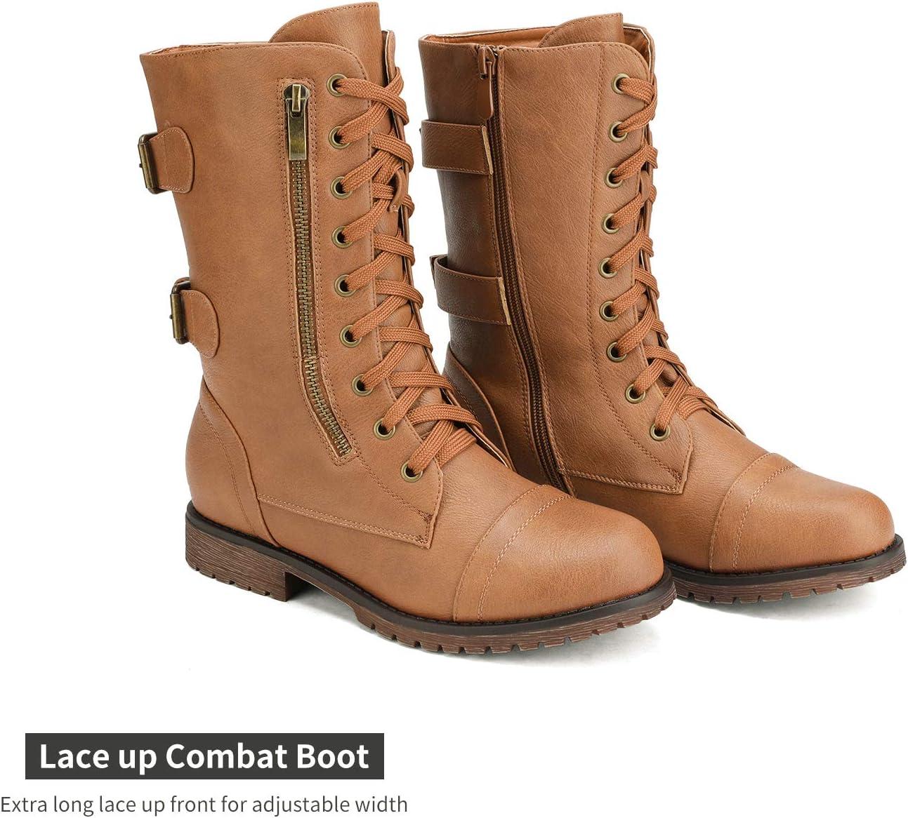 imageDREAM PAIRS Womens Mid Calf Builtin Wallet Pocket Lace up Military Combat BootsCamel