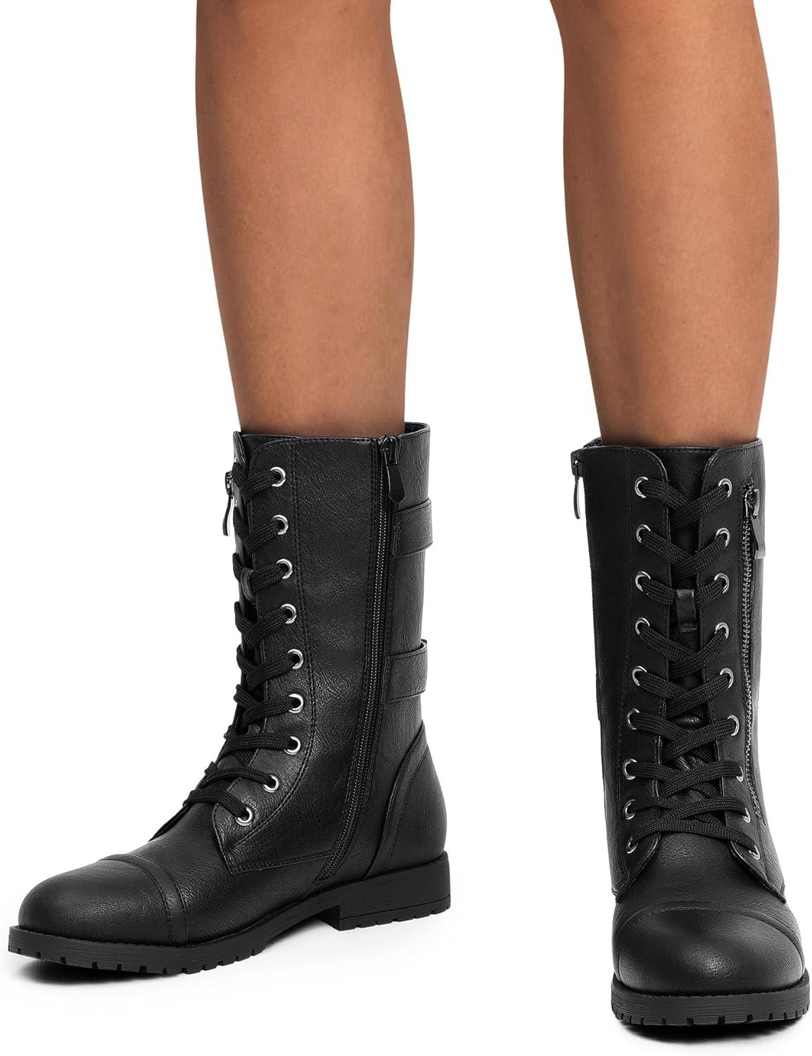 imageDREAM PAIRS Womens Mid Calf Builtin Wallet Pocket Lace up Military Combat BootsClassic Black