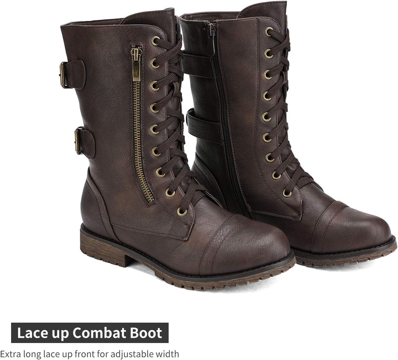 imageDREAM PAIRS Womens Mid Calf Builtin Wallet Pocket Lace up Military Combat BootsClassic Brown