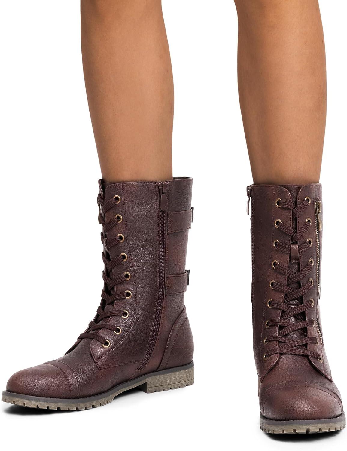 imageDREAM PAIRS Womens Mid Calf Builtin Wallet Pocket Lace up Military Combat BootsClassic Burgundy