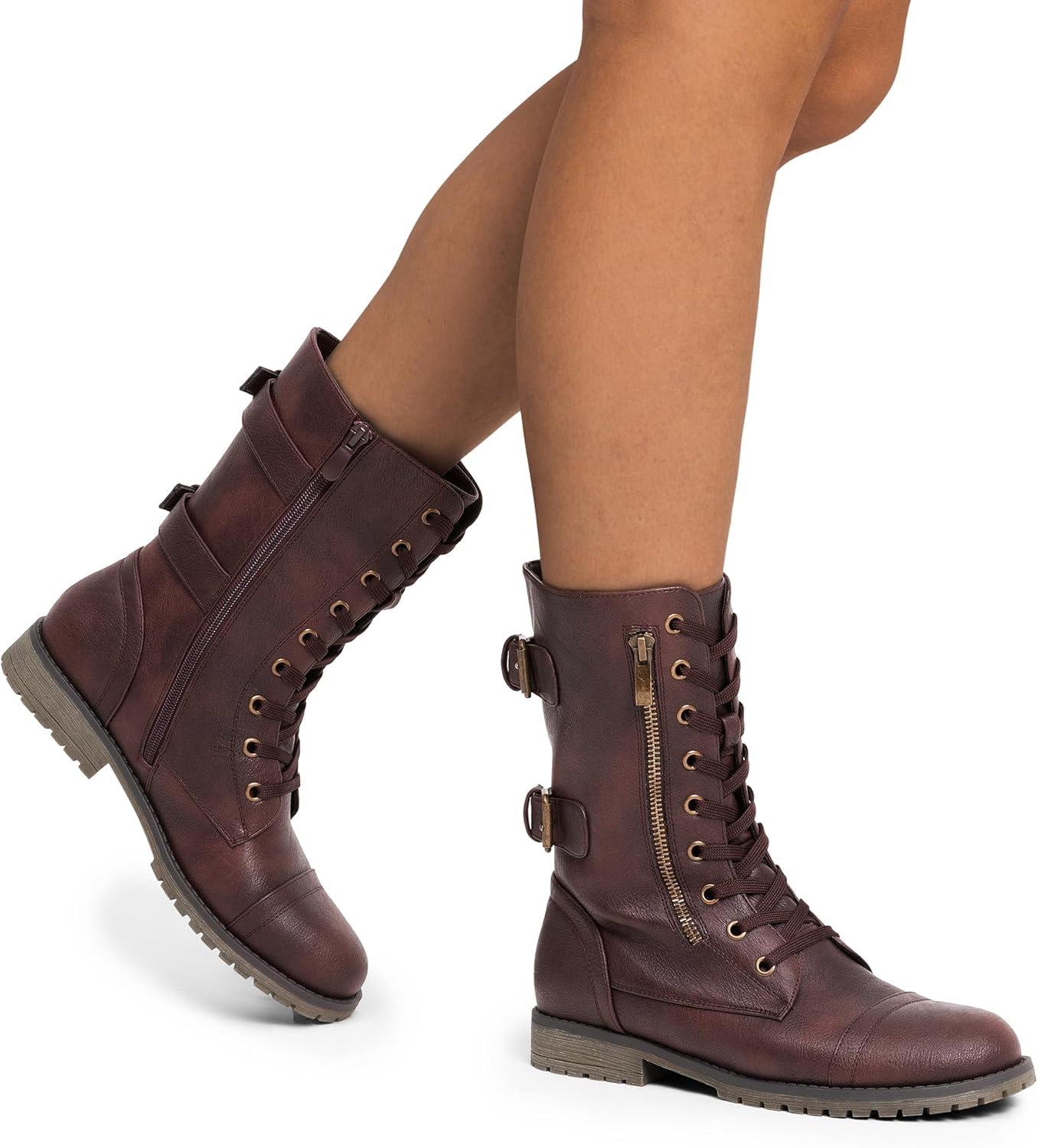 imageDREAM PAIRS Womens Mid Calf Builtin Wallet Pocket Lace up Military Combat BootsClassic Burgundy