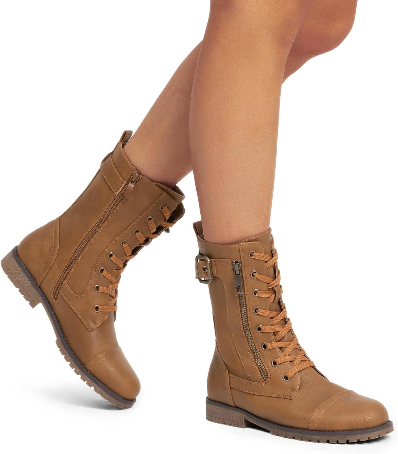 imageDREAM PAIRS Womens Mid Calf Builtin Wallet Pocket Lace up Military Combat BootsMissioncamel