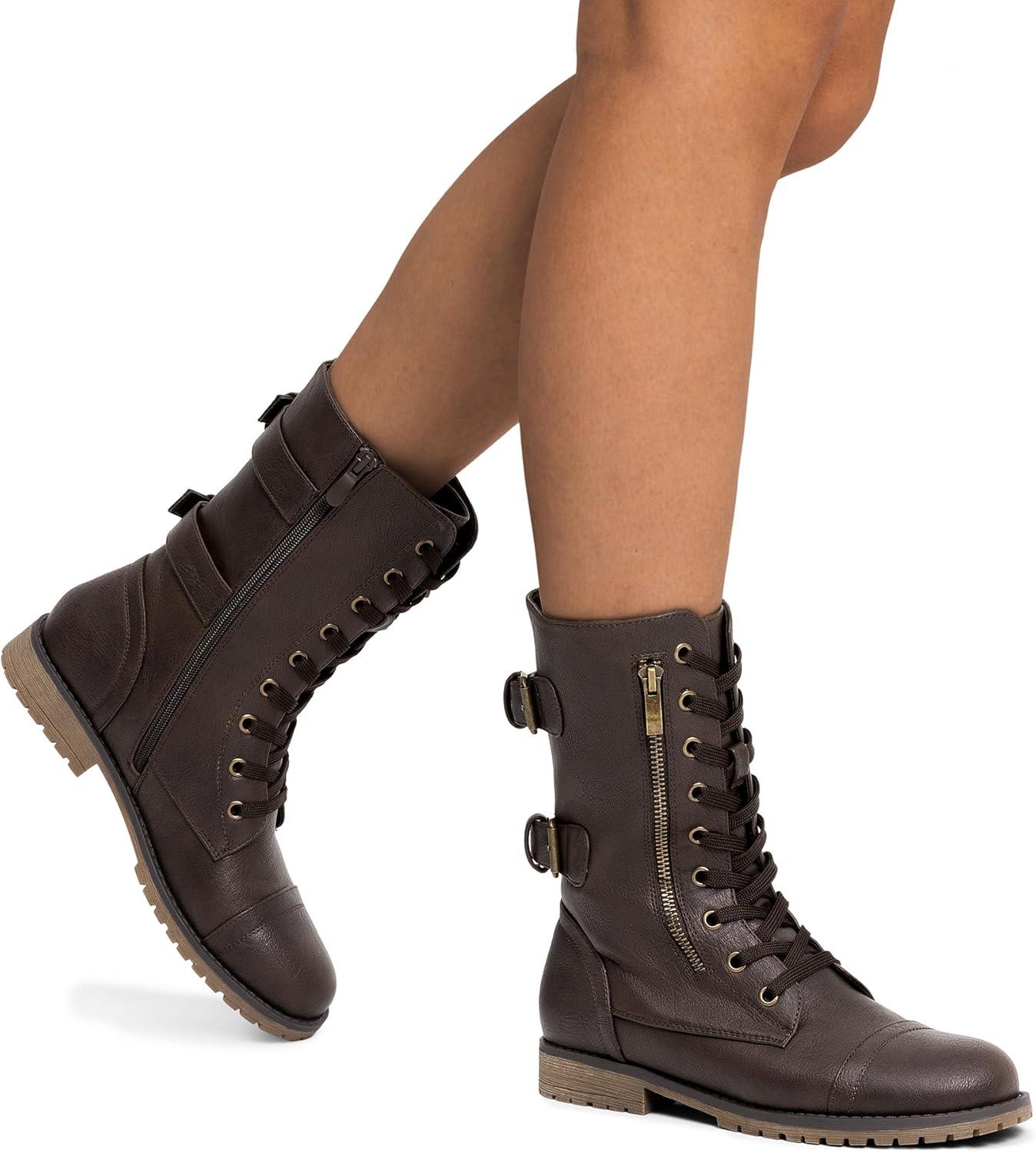 imageDREAM PAIRS Womens Mid Calf Builtin Wallet Pocket Lace up Military Combat BootsTerranbrown