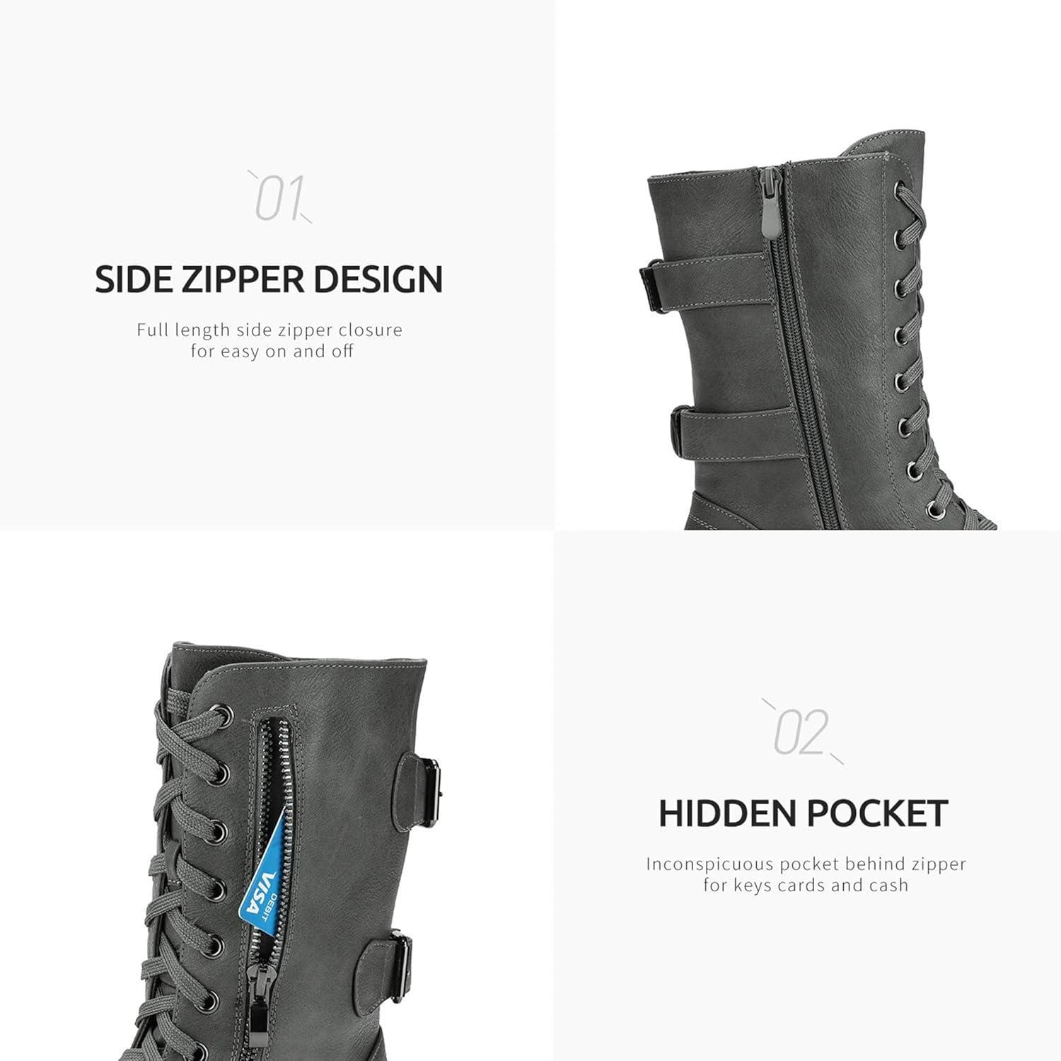 imageDREAM PAIRS Womens Mid Calf Builtin Wallet Pocket Lace up Military Combat BootsTerrangrey