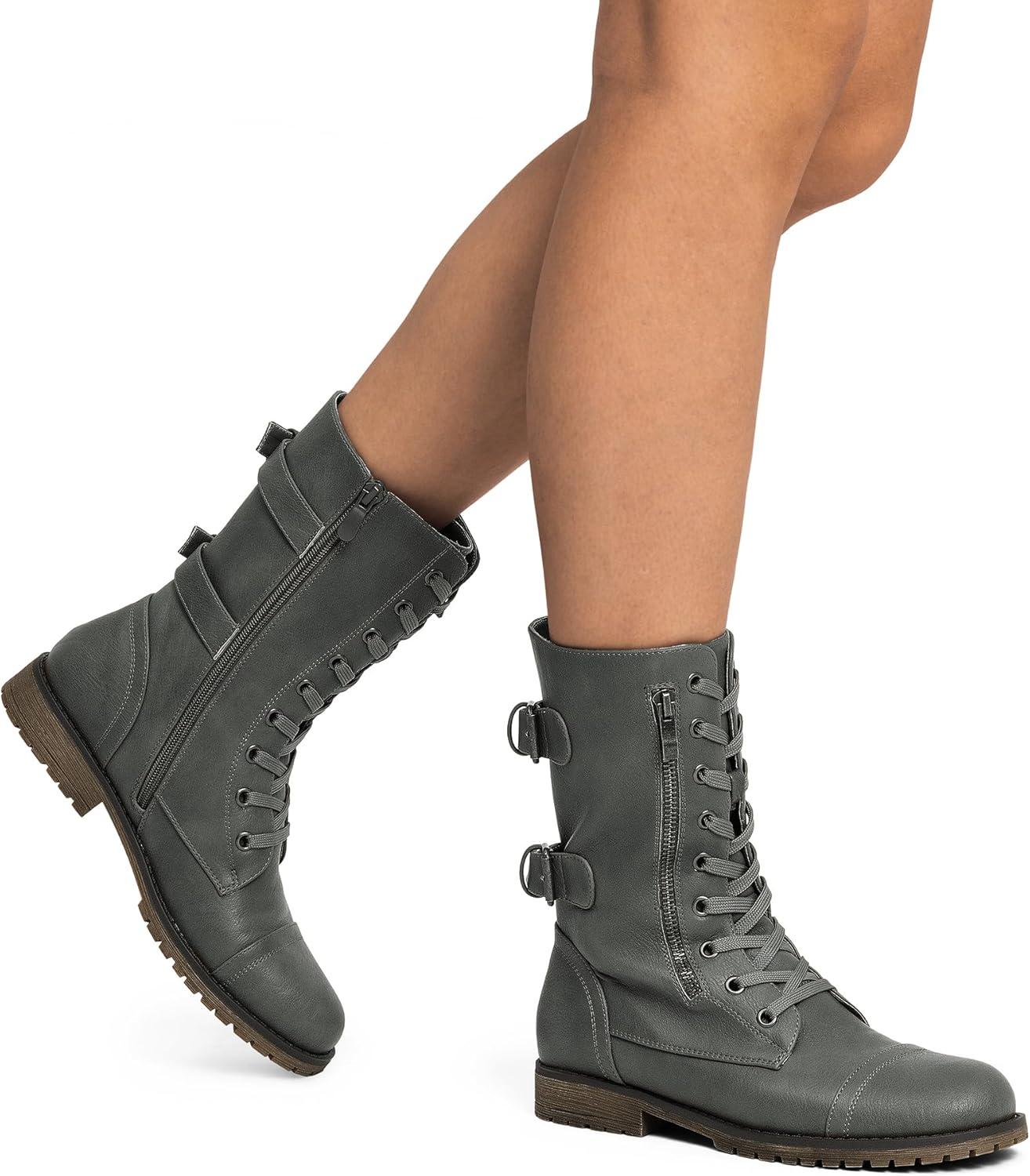 imageDREAM PAIRS Womens Mid Calf Builtin Wallet Pocket Lace up Military Combat BootsTerrangrey