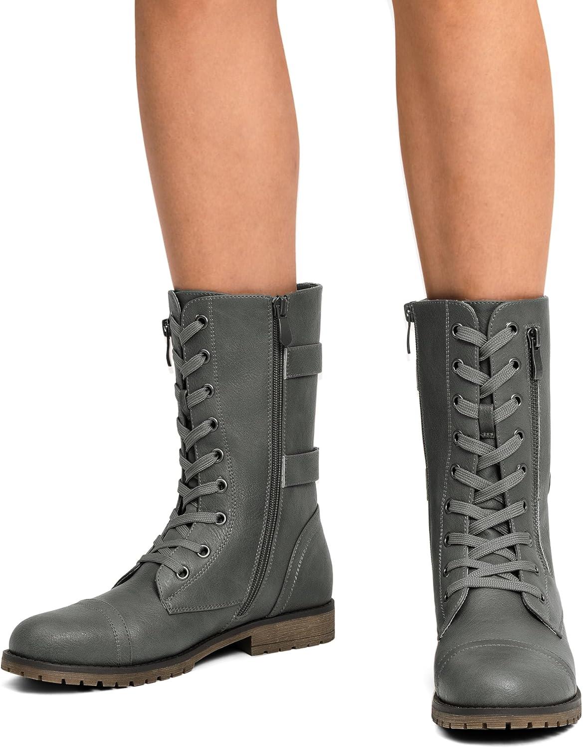 imageDREAM PAIRS Womens Mid Calf Builtin Wallet Pocket Lace up Military Combat BootsTerrangrey