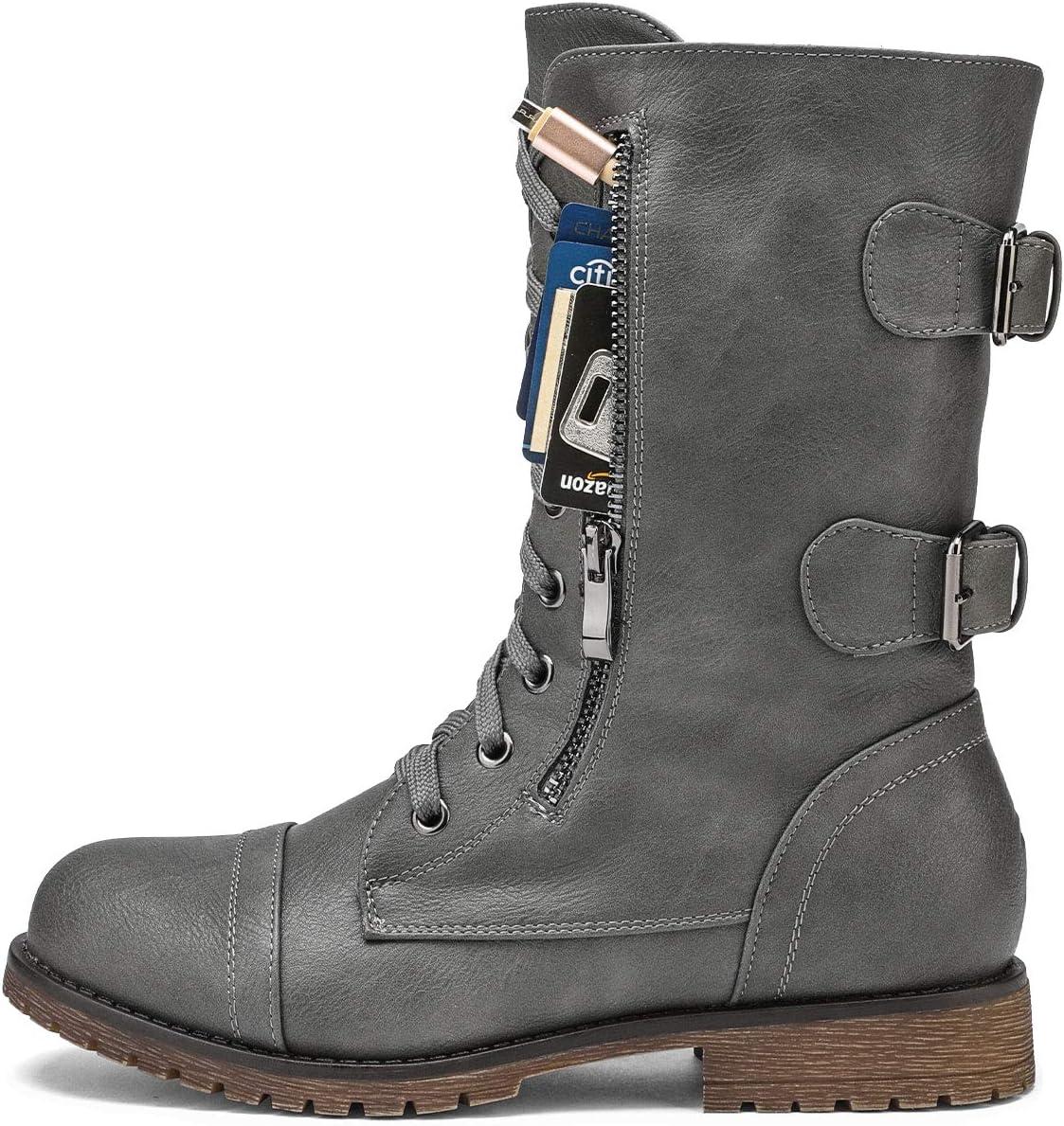 imageDREAM PAIRS Womens Mid Calf Builtin Wallet Pocket Lace up Military Combat BootsTerrangrey