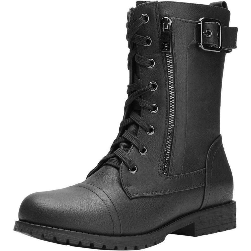 imageDREAM PAIRS Womens Mid Calf Builtin Wallet Pocket Lace up Military Combat BootsAll Black
