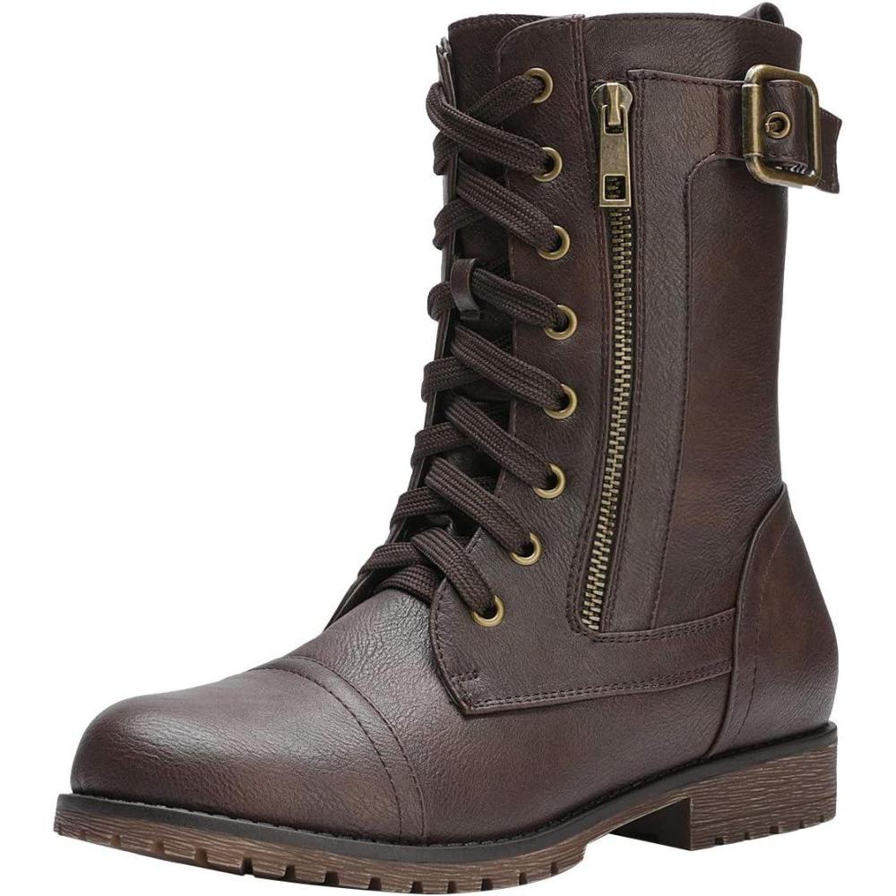 imageDREAM PAIRS Womens Mid Calf Builtin Wallet Pocket Lace up Military Combat BootsAll Brown