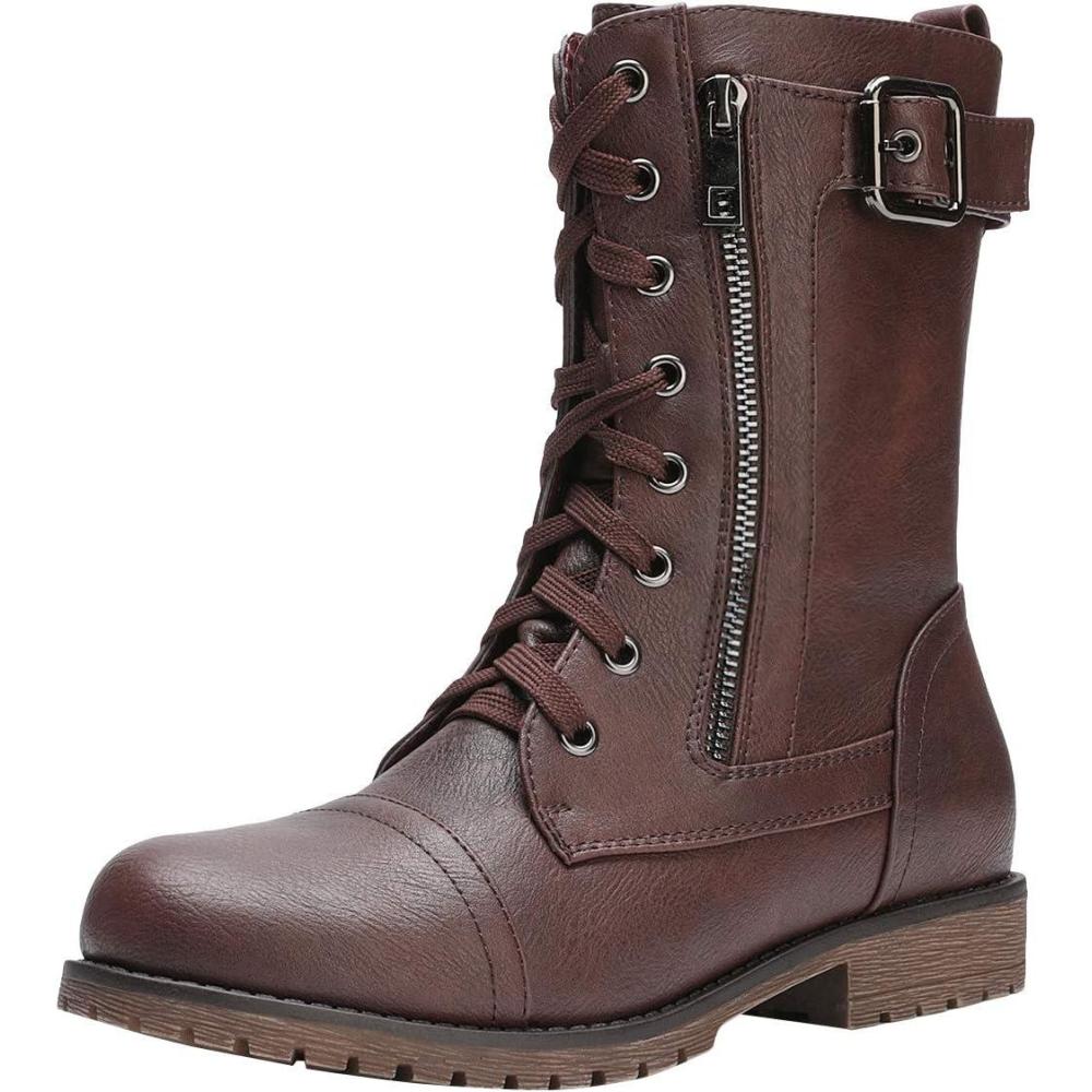imageDREAM PAIRS Womens Mid Calf Builtin Wallet Pocket Lace up Military Combat BootsAll Burgundy