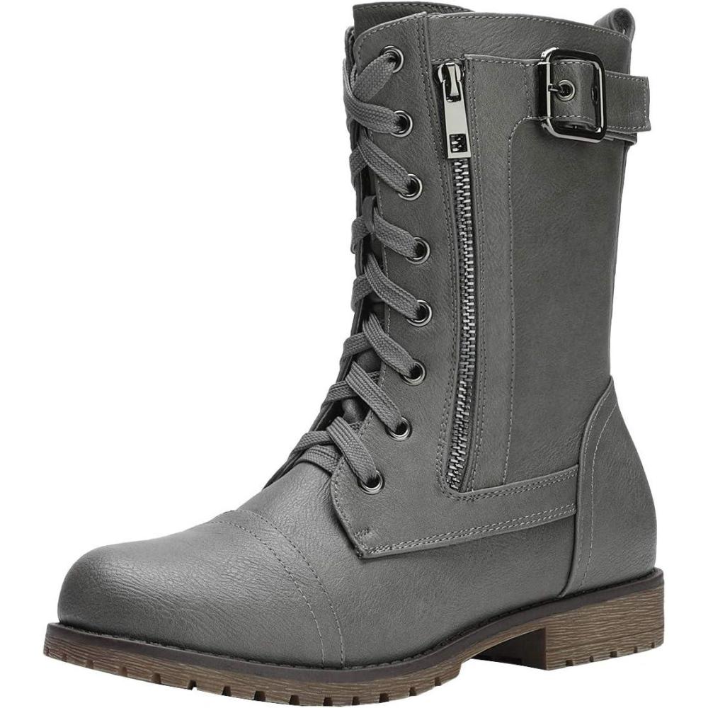 imageDREAM PAIRS Womens Mid Calf Builtin Wallet Pocket Lace up Military Combat BootsAll Grey