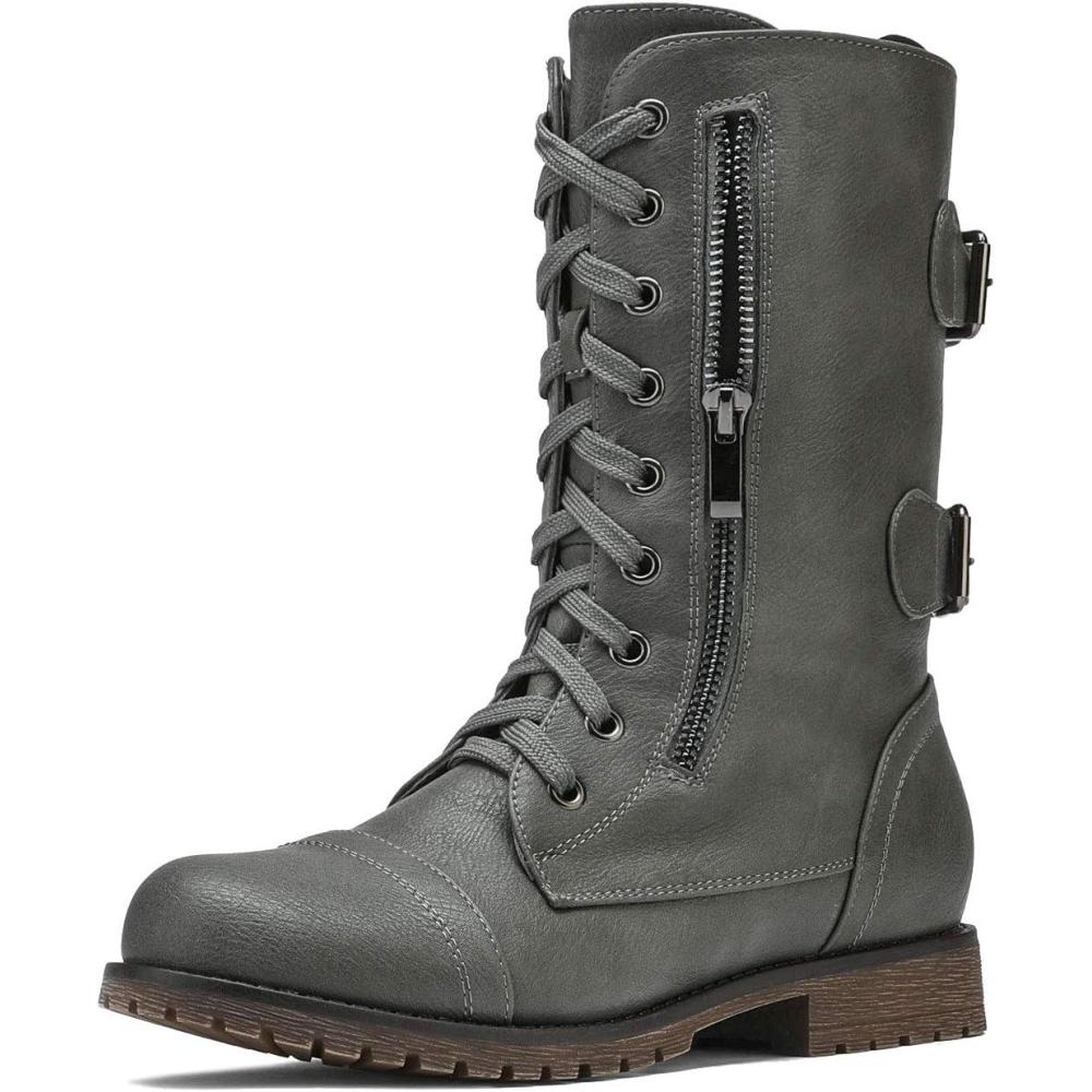 imageDREAM PAIRS Womens Mid Calf Builtin Wallet Pocket Lace up Military Combat BootsTerrangrey