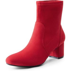 DREAM PAIRS Women’s Fitted Stretch Ankle Boots Fashion Low Chunky Heel Almond Toe Fall Heeled Booties Shoes(Red-suede)