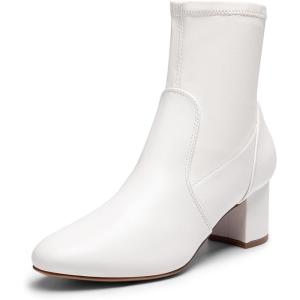DREAM PAIRS Women’s Fitted Stretch Ankle Boots Fashion Low Chunky Heel Almond Toe Fall Heeled Booties Shoes(White-pu)