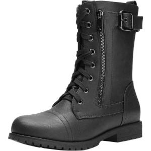 DREAM PAIRS Women’s Mid Calf Built-in Wallet Pocket Lace up Military Combat Boots(All Black)