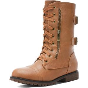 DREAM PAIRS Women’s Mid Calf Built-in Wallet Pocket Lace up Military Combat Boots(Camel-pu)