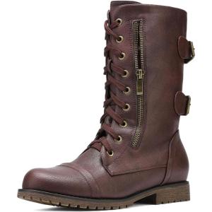 DREAM PAIRS Women’s Mid Calf Built-in Wallet Pocket Lace up Military Combat Boots(Terran-burgundy)