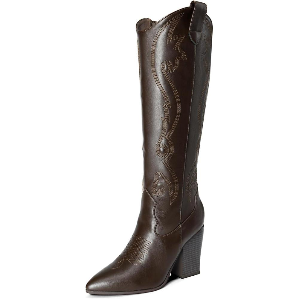 imageDREAM PAIRS Cowboy Boots For Women Comfortable Pull On Zipper Chunky Heel Pointed Toe Embroidered Western Cowgirl Knee High BootsBrown