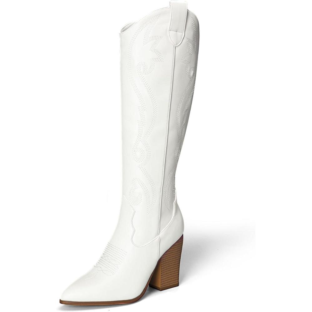 imageDREAM PAIRS Cowboy Boots For Women Comfortable Pull On Zipper Chunky Heel Pointed Toe Embroidered Western Cowgirl Knee High BootsWhite