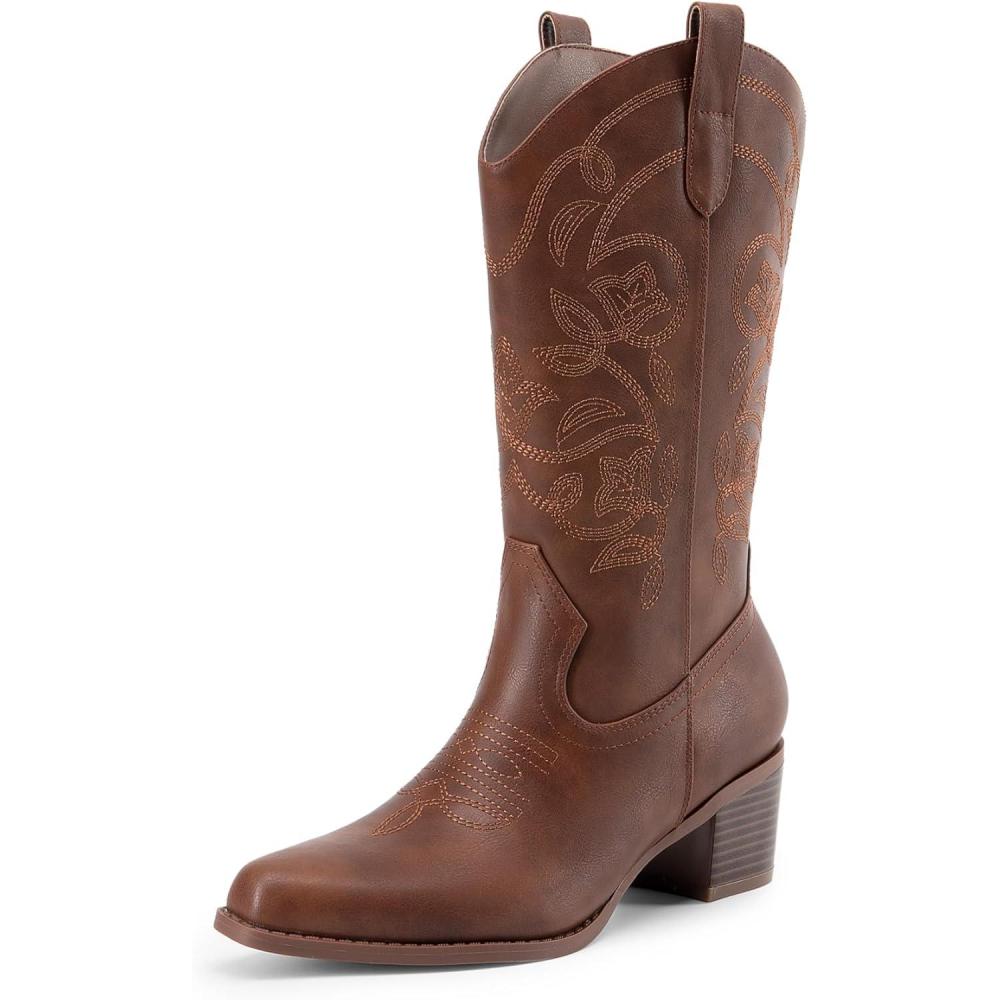 imageDREAM PAIRS Cowboy Boots for Women Cowgirl Western Boots Fashion Embroidery Stitched Chunky Heel Mid Calf BootsBrownpu
