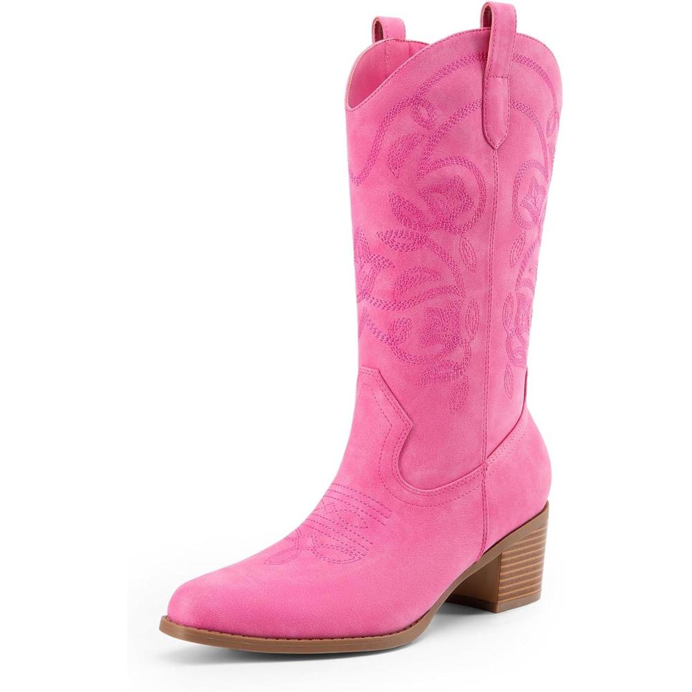 imageDREAM PAIRS Cowboy Boots for Women Cowgirl Western Boots Fashion Embroidery Stitched Chunky Heel Mid Calf BootsPinknubuck