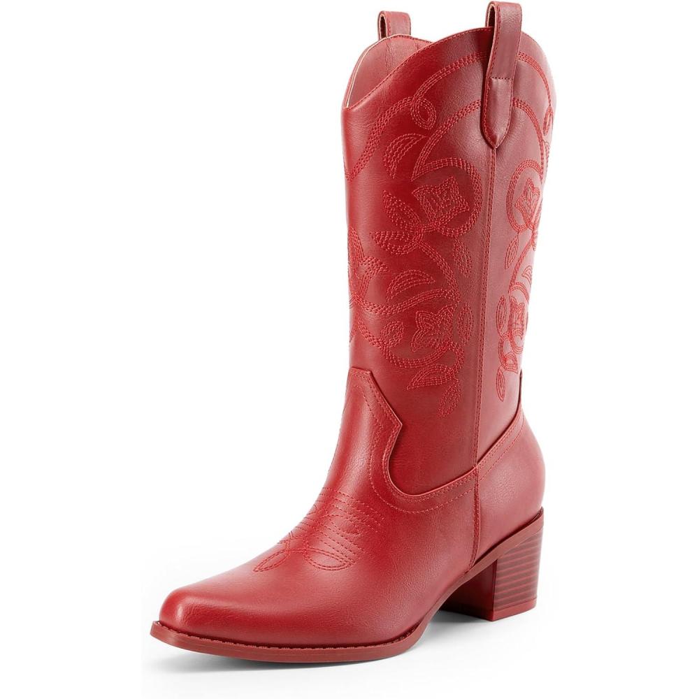 imageDREAM PAIRS Cowboy Boots for Women Cowgirl Western Boots Fashion Embroidery Stitched Chunky Heel Mid Calf BootsRedpu