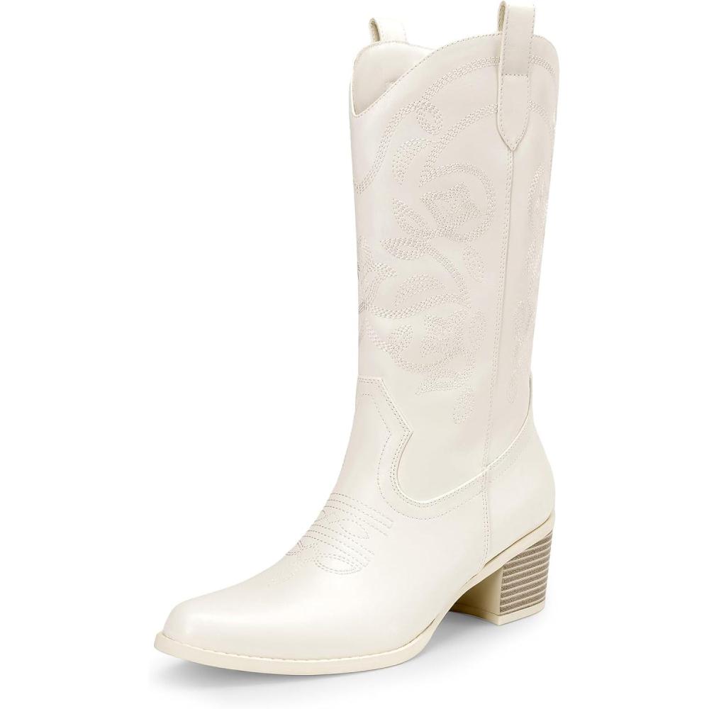 imageDREAM PAIRS Cowboy Boots for Women Cowgirl Western Boots Fashion Embroidery Stitched Chunky Heel Mid Calf BootsWhitepu