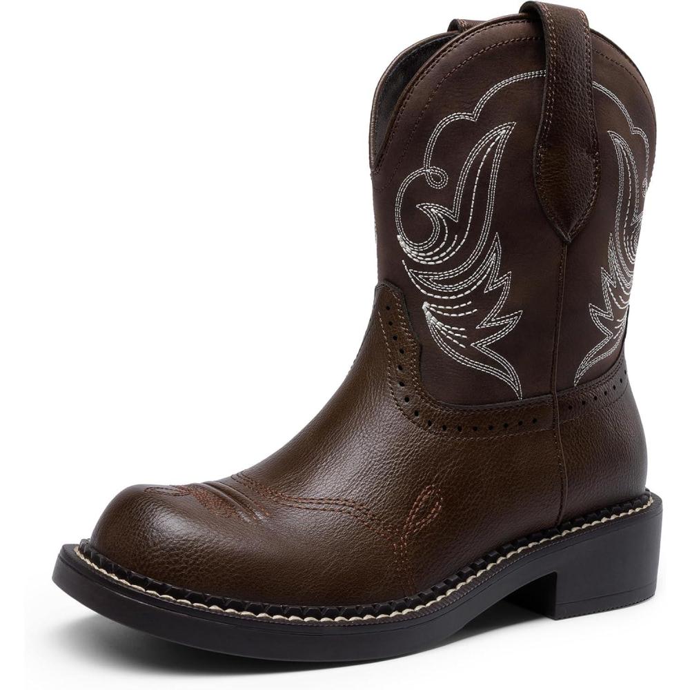 imageDREAM PAIRS Cowboy Cowgirl Boots for Women Round Toe Embroidered Mid Calf Western Boots for Work Country Concerts Rodeos Casual OutingsAll Brown